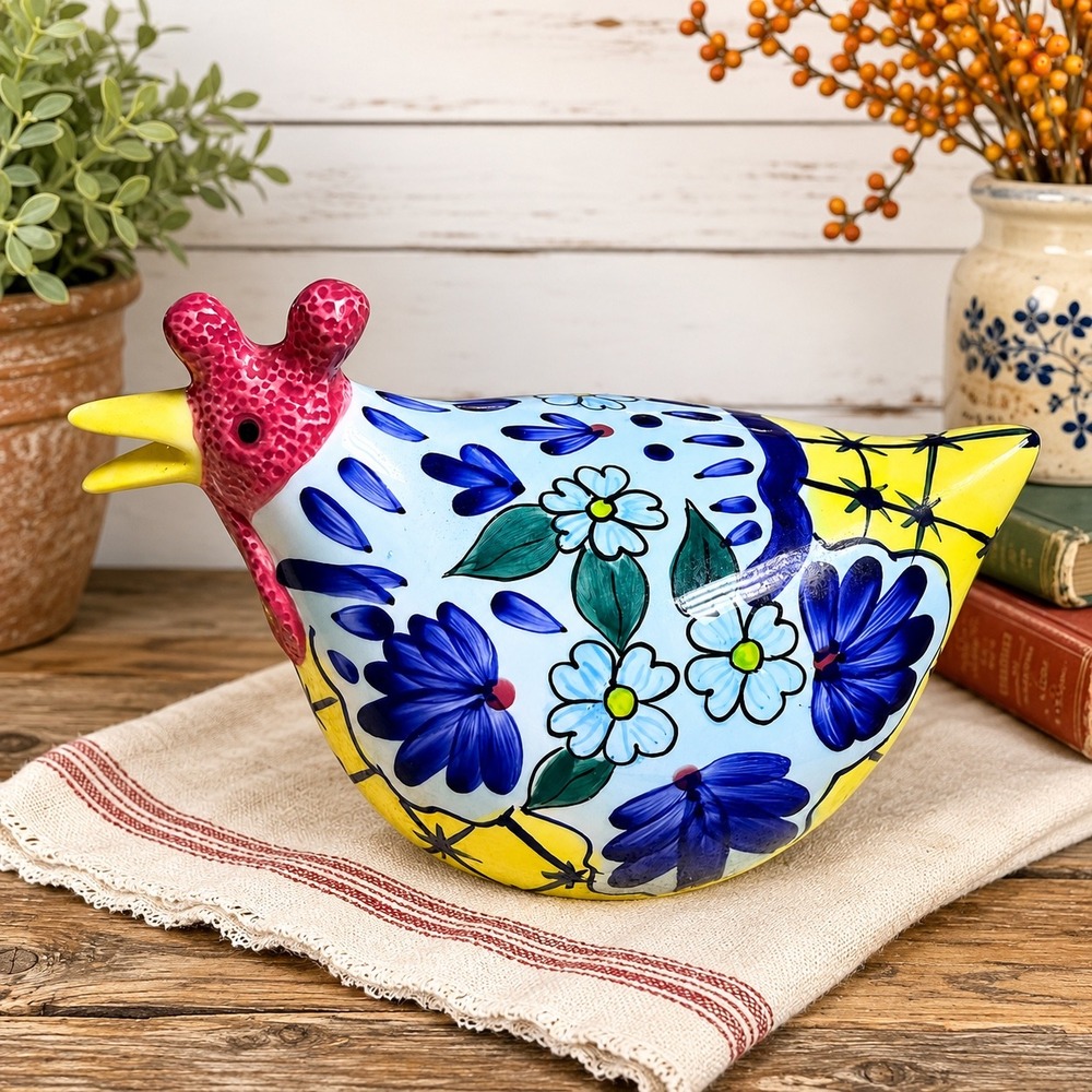 Vintage 1999 CBK Ltd Handpainted Ceramic Chicken Figurine Talavera Style Floral